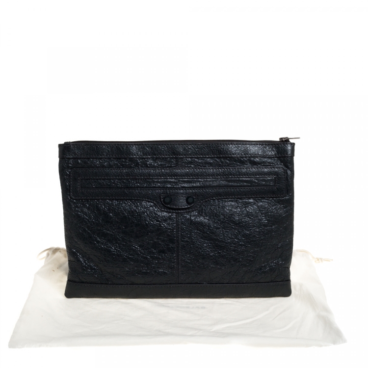 Pre Owned Balenciaga Dark Grey Crinkled Leather Motocross Classic Clutch