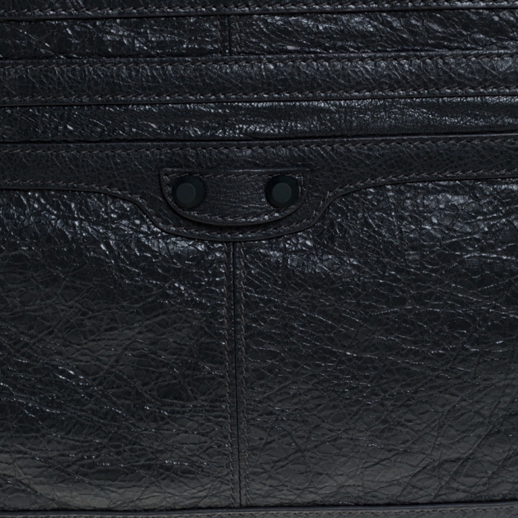 Pre Owned Balenciaga Dark Grey Crinkled Leather Motocross Classic Clutch