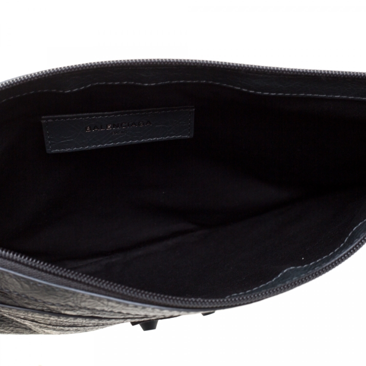 Pre Owned Balenciaga Dark Grey Crinkled Leather Motocross Classic Clutch