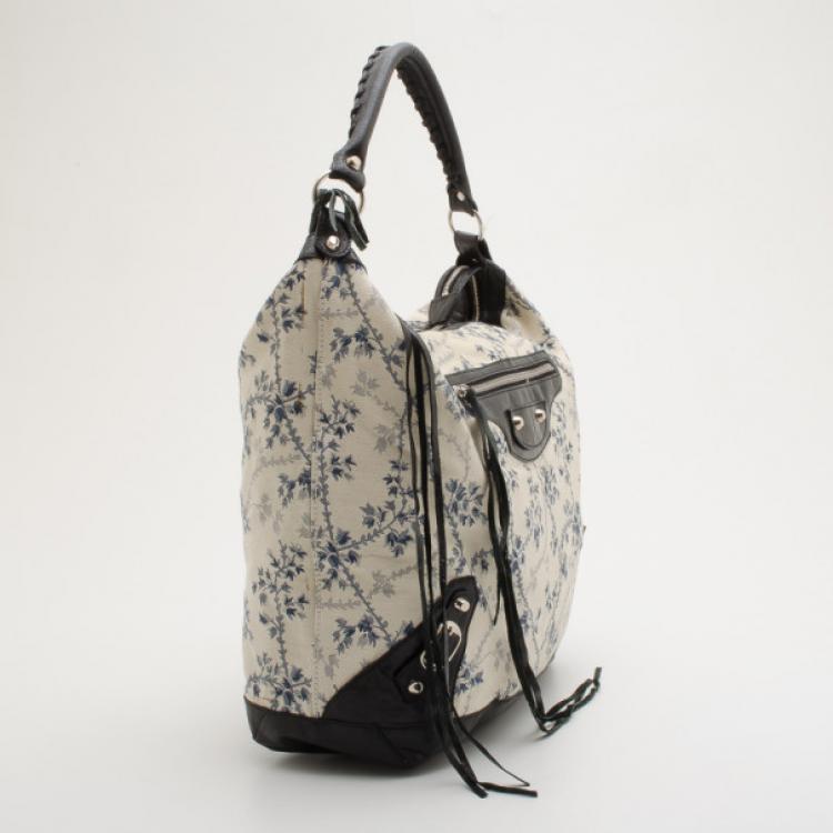 Pre Owned Balenciaga Floral Cotton & Black Chèvre Leather Work Bag