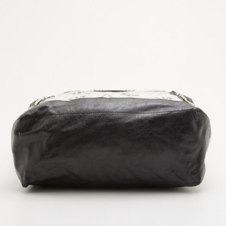 Pre Owned Balenciaga Floral Cotton & Black Chèvre Leather Work Bag