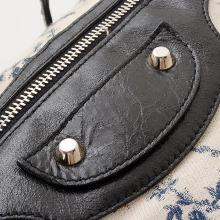 Pre Owned Balenciaga Floral Cotton & Black Chèvre Leather Work Bag