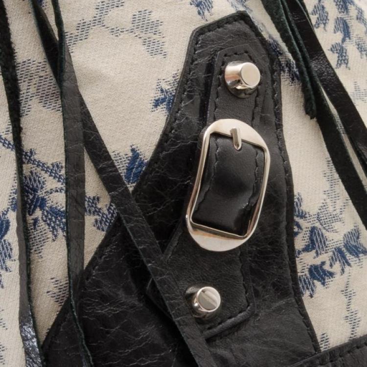 Pre Owned Balenciaga Floral Cotton & Black Chèvre Leather Work Bag