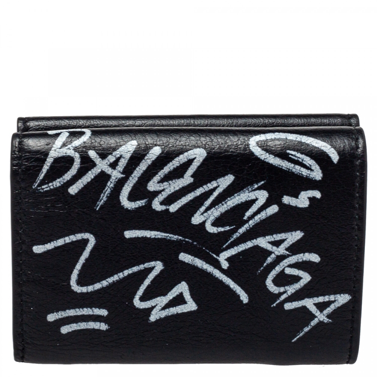 Pre Owned Balenciaga Black Leather Carry Graffiti Wallet