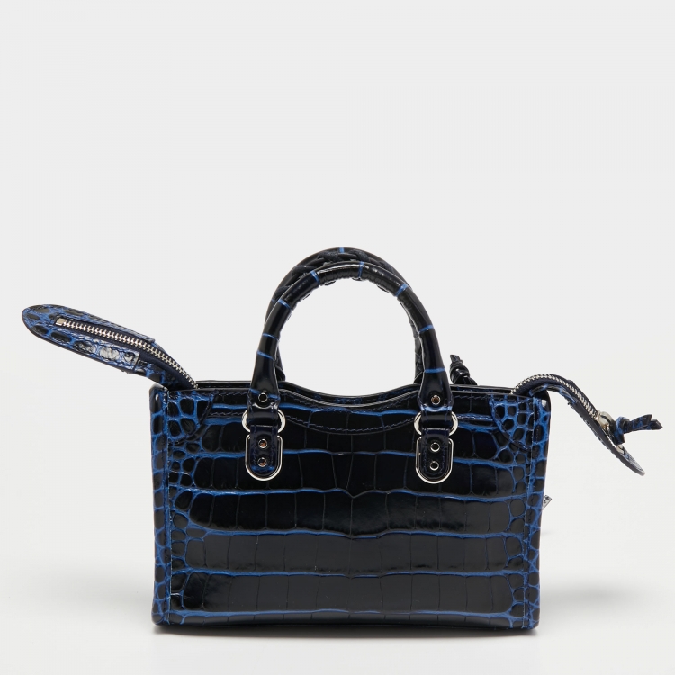 Pre Owned Balenciaga Blue Croc Embossed Leather Nano Metallic Edge City Tote