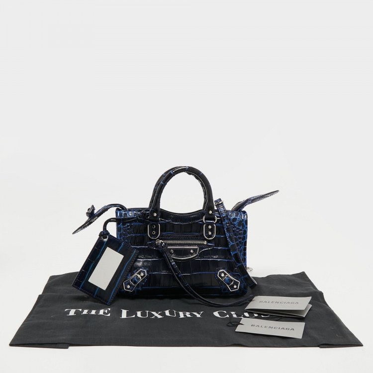 Pre Owned Balenciaga Blue Croc Embossed Leather Nano Metallic Edge City Tote
