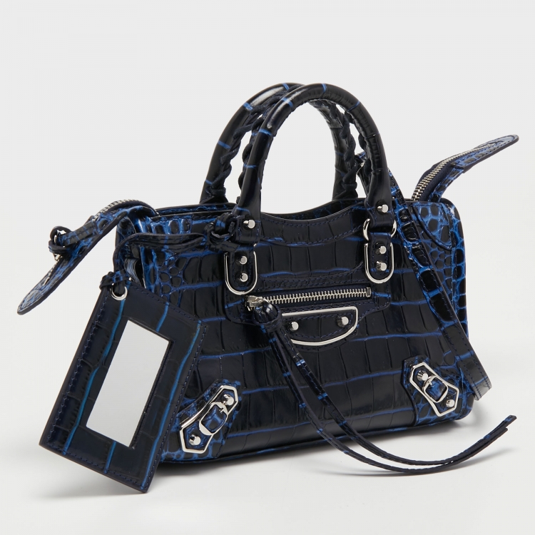 Pre Owned Balenciaga Blue Croc Embossed Leather Nano Metallic Edge City Tote