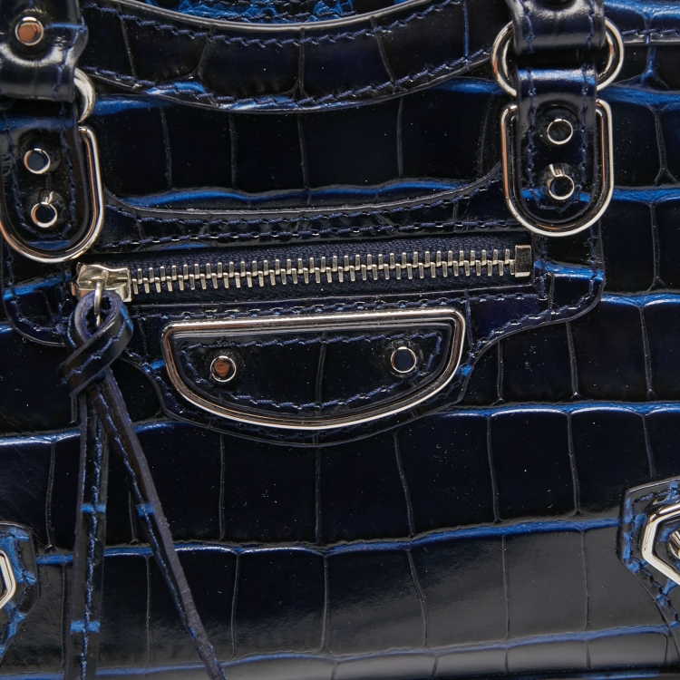 Pre Owned Balenciaga Blue Croc Embossed Leather Nano Metallic Edge City Tote