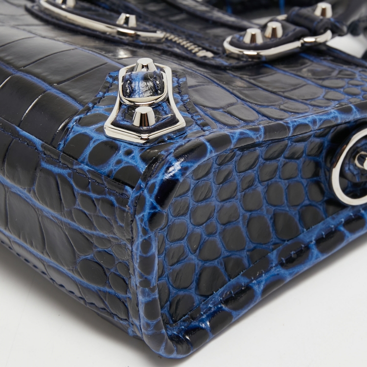 Pre Owned Balenciaga Blue Croc Embossed Leather Nano Metallic Edge City Tote