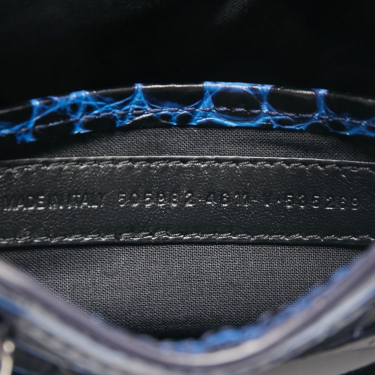 Pre Owned Balenciaga Blue Croc Embossed Leather Nano Metallic Edge City Tote