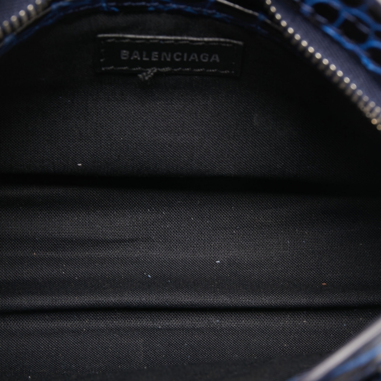 Pre Owned Balenciaga Blue Croc Embossed Leather Nano Metallic Edge City Tote