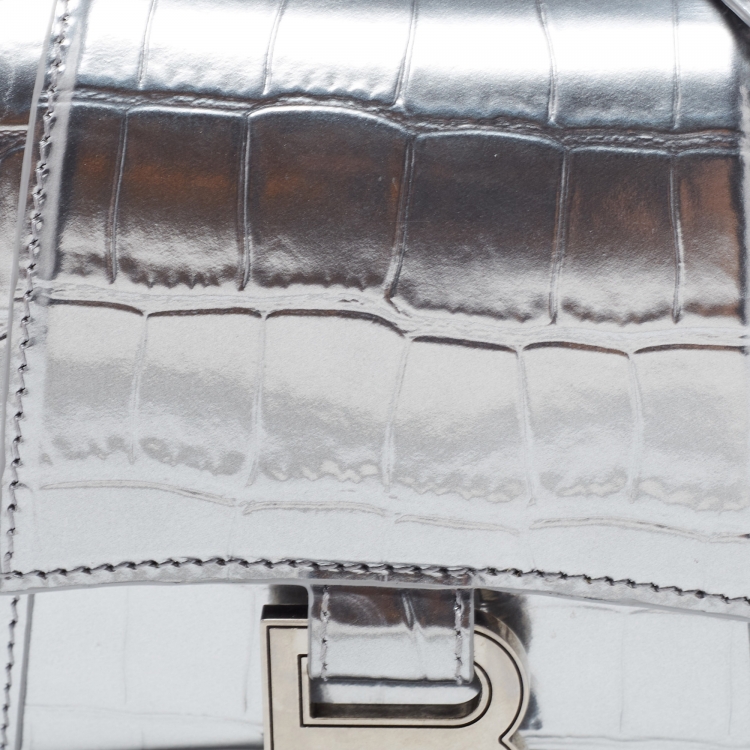 Pre Owned Balenciaga Metallic Silver Croc Embossed Leather XS Hourglass Top Handle Bag