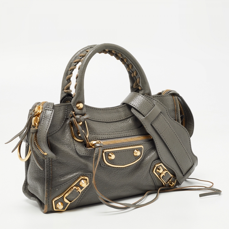 Pre Owned Balenciaga Grey Leather Mini Classic Metallic Edge City Bag