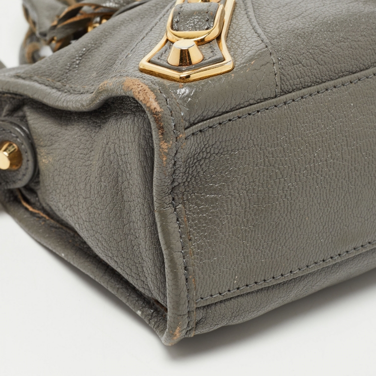 Pre Owned Balenciaga Grey Leather Mini Classic Metallic Edge City Bag