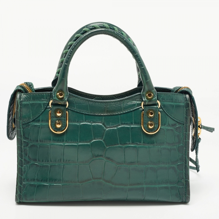 مملوكة مسبقًا Balenciaga Green Croc Embossed Leather Mini Metallic Edge City Bag