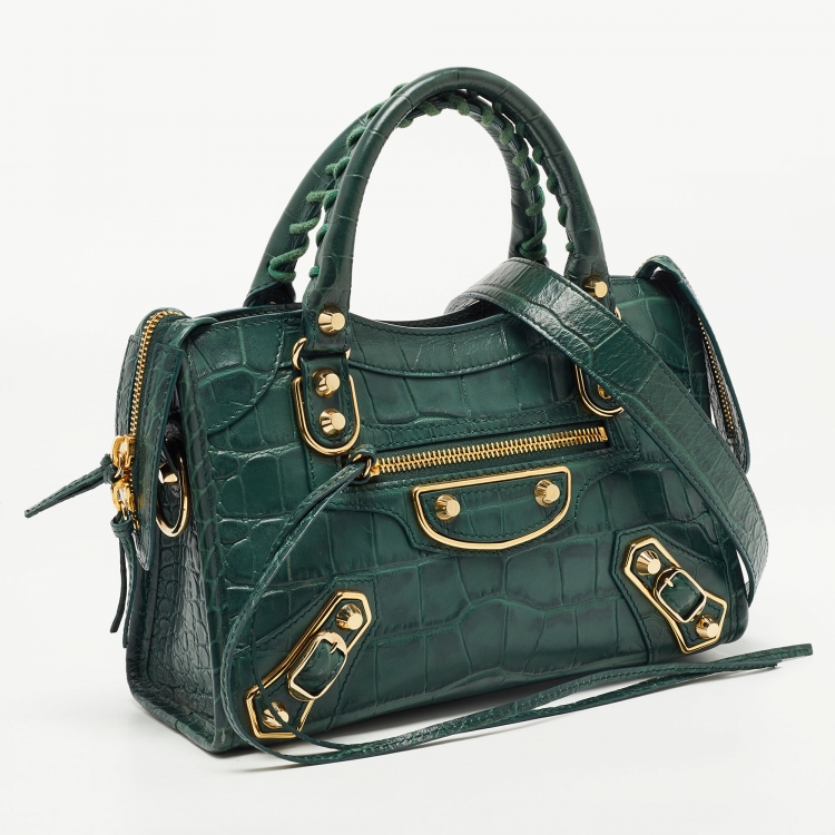 مملوكة مسبقًا Balenciaga Green Croc Embossed Leather Mini Metallic Edge City Bag