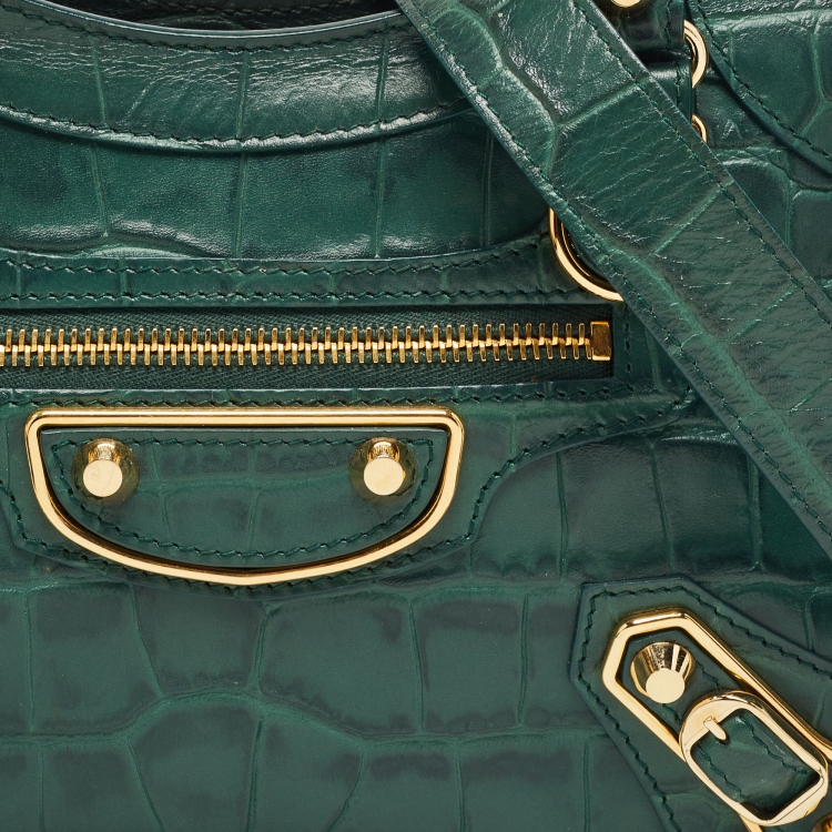 مملوكة مسبقًا Balenciaga Green Croc Embossed Leather Mini Metallic Edge City Bag