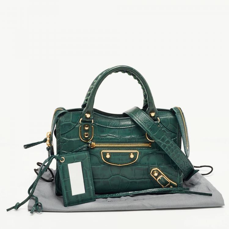 مملوكة مسبقًا Balenciaga Green Croc Embossed Leather Mini Metallic Edge City Bag
