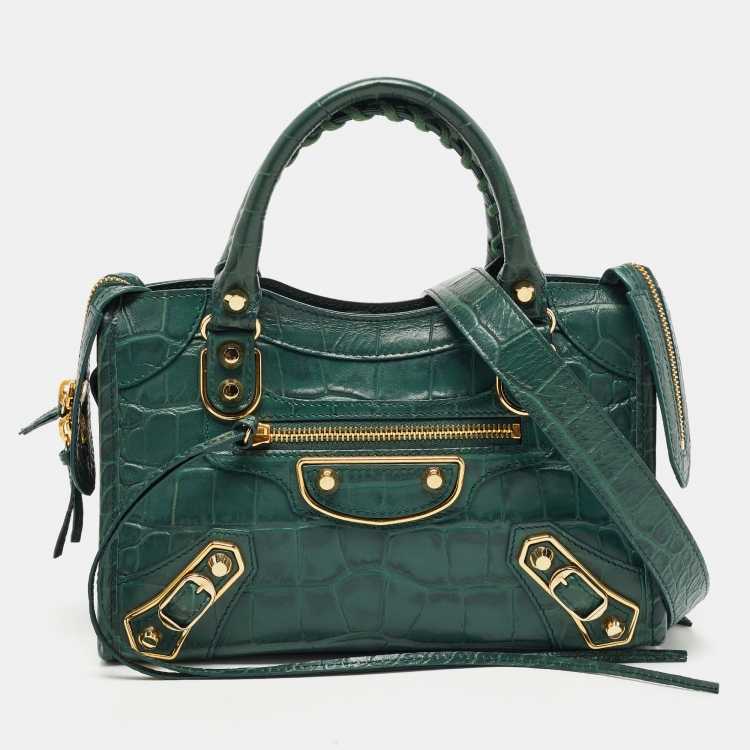 Balenciaga Green Croc Embossed Leather Mini Metallic Edge City Bag ...