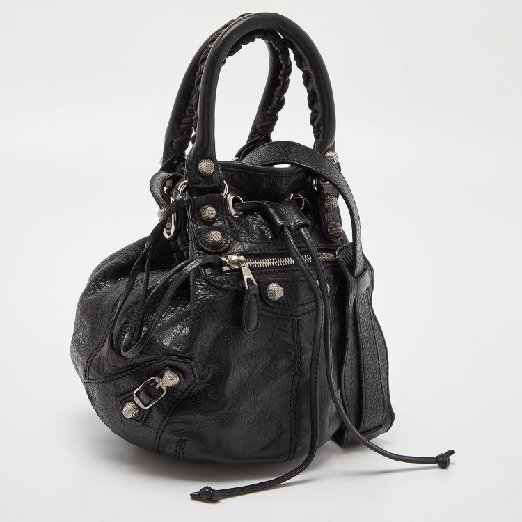 Pre Owned Balenciaga Black Leather Giant 12 Silver Mini Pompon Bag