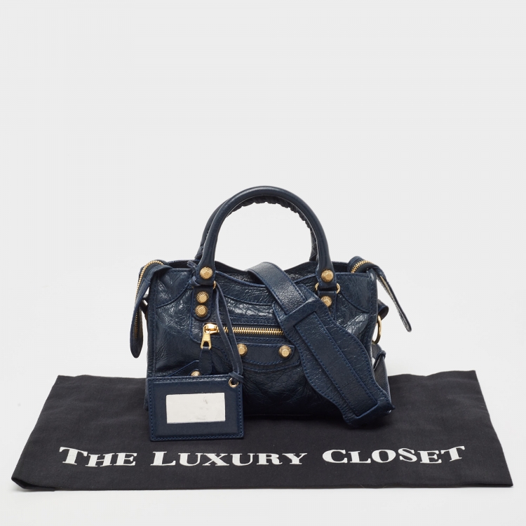 Pre Owned Balenciaga Navy Blue Leather Mini Classic City Tote