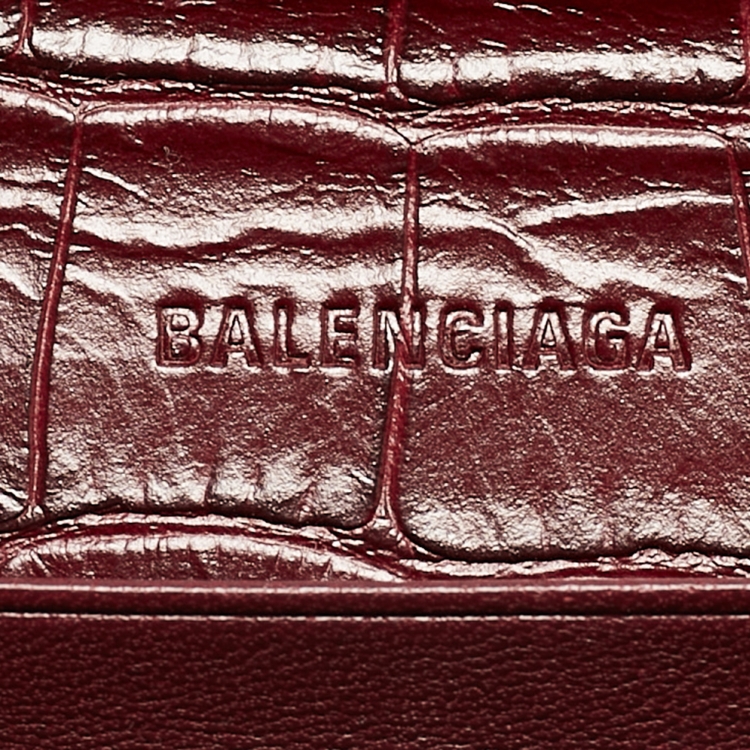 Pre Owned Balenciaga Burgundy Croc Embossed Leather Gossip Wallet On Chain