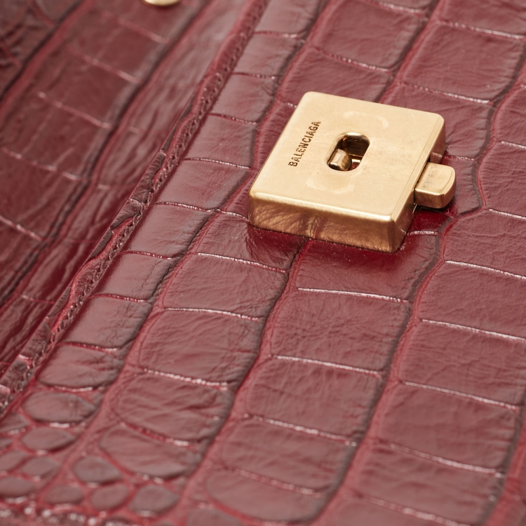 Pre Owned Balenciaga Burgundy Croc Embossed Leather Gossip Wallet On Chain