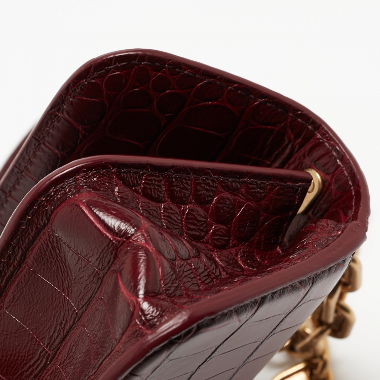 Pre Owned Balenciaga Burgundy Croc Embossed Leather Gossip Wallet On Chain