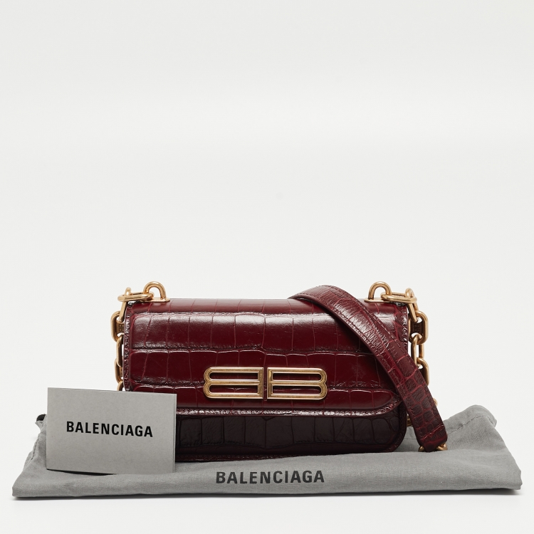 Pre Owned Balenciaga Burgundy Croc Embossed Leather Gossip Wallet On Chain
