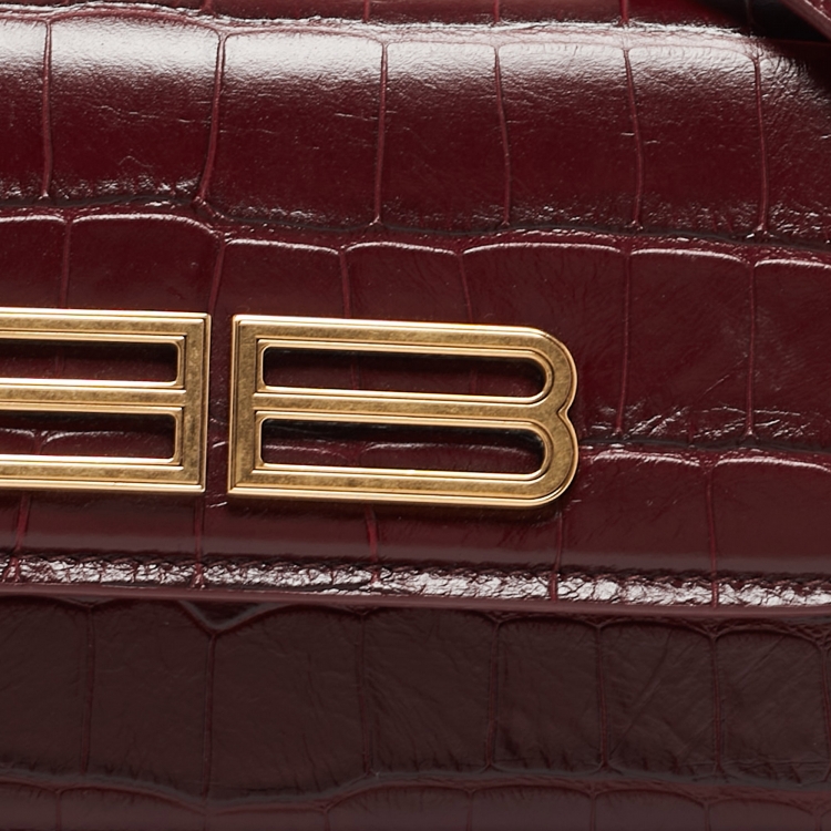 Pre Owned Balenciaga Burgundy Croc Embossed Leather Gossip Wallet On Chain