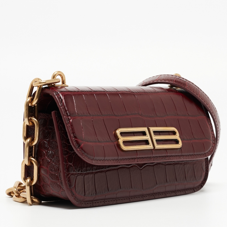 Pre Owned Balenciaga Burgundy Croc Embossed Leather Gossip Wallet On Chain
