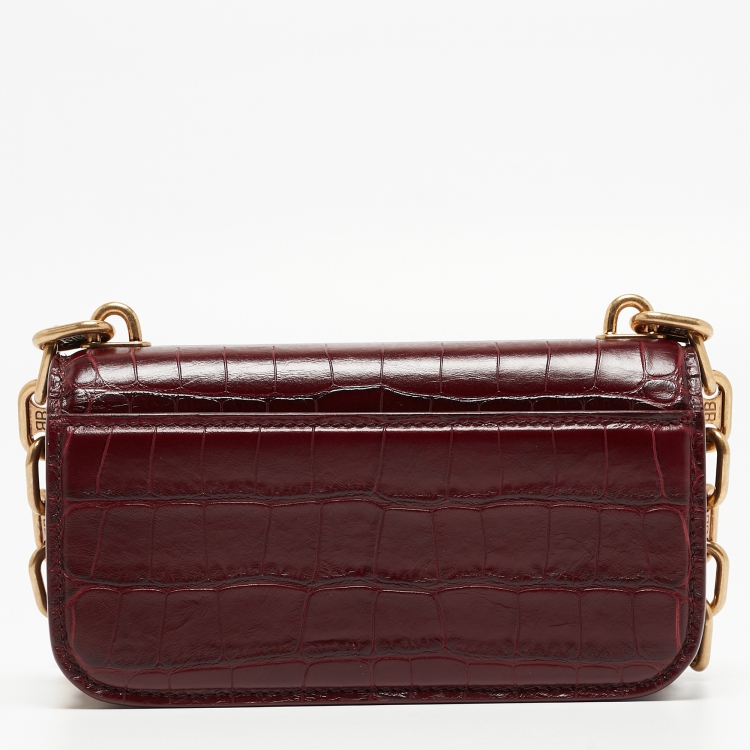 Pre Owned Balenciaga Burgundy Croc Embossed Leather Gossip Wallet On Chain