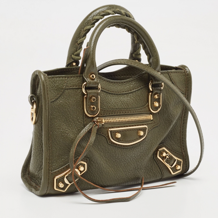 Pre Owned Balenciaga Green Leather Nano Metallic Edge City Tote