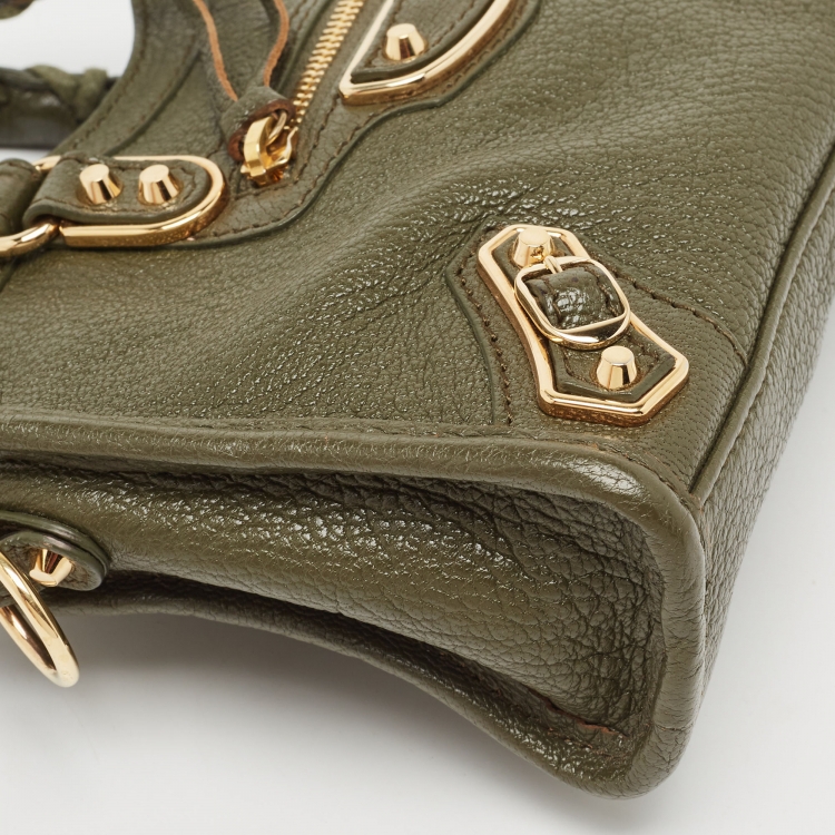 Pre Owned Balenciaga Green Leather Nano Metallic Edge City Tote