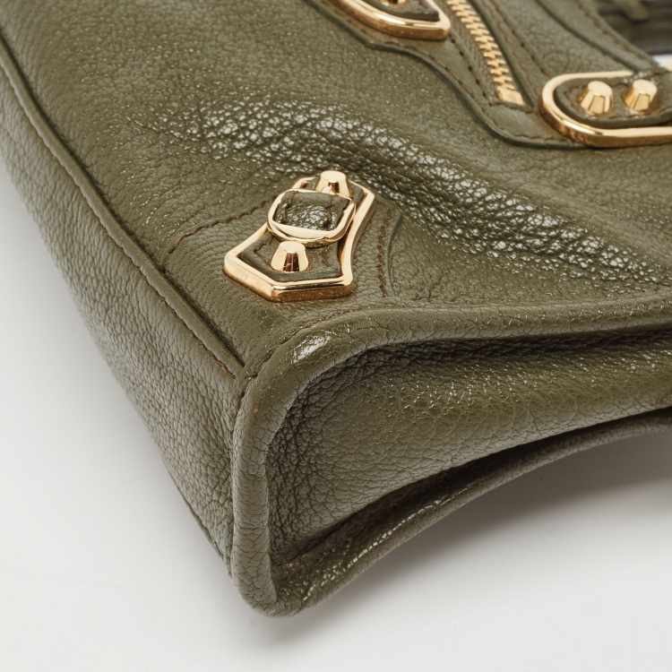 Pre Owned Balenciaga Green Leather Nano Metallic Edge City Tote