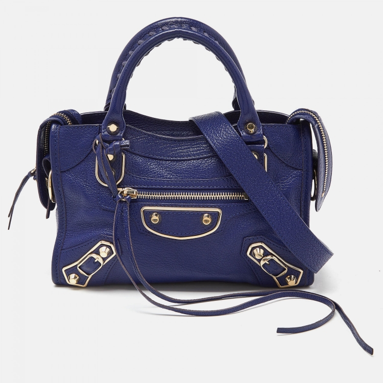 Pre Owned Balenciaga Indigo Leather Mini Classic Metallic Edge City Bag