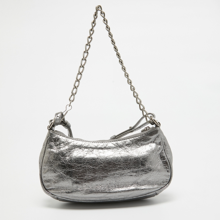 Pre Owned Balenciaga Metallic Grey Leather Mini Le Cagole Shoulder Bag