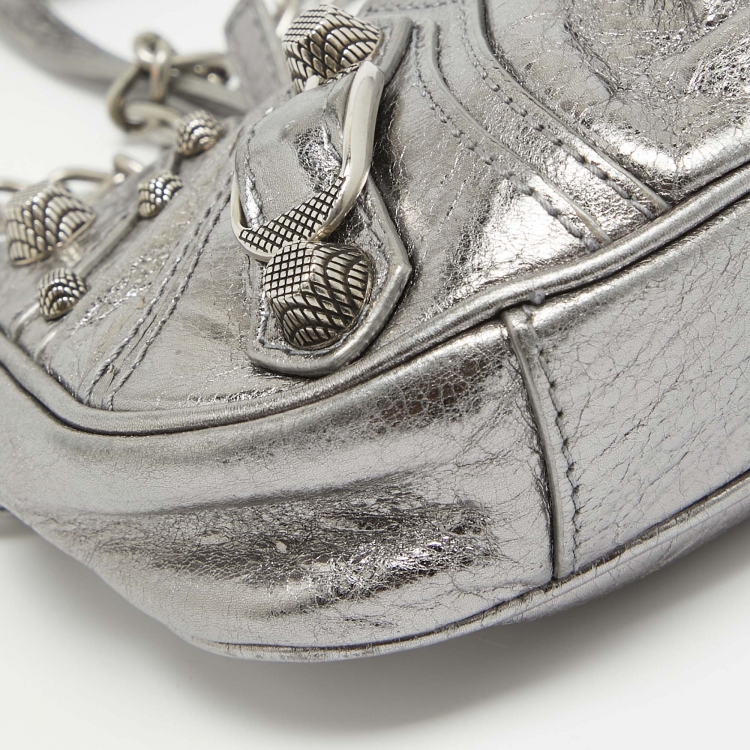 Pre Owned Balenciaga Metallic Grey Leather Mini Le Cagole Shoulder Bag