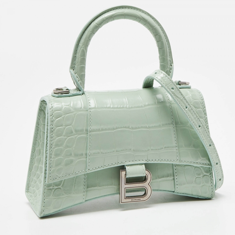 Pre Owned Balenciaga Green Croc Embossed Leather XS Hourglass Top Handle Bag