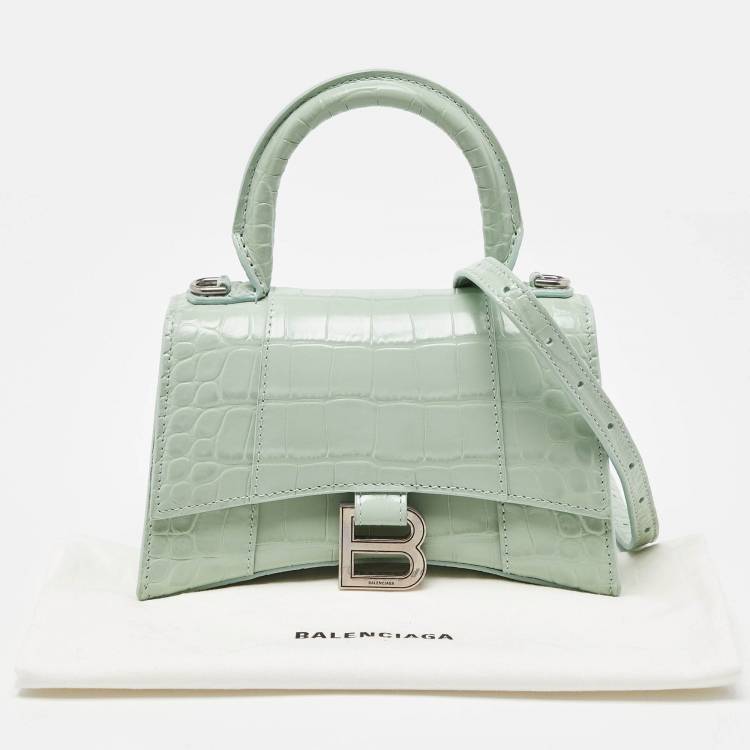 Pre Owned Balenciaga Green Croc Embossed Leather XS Hourglass Top Handle Bag