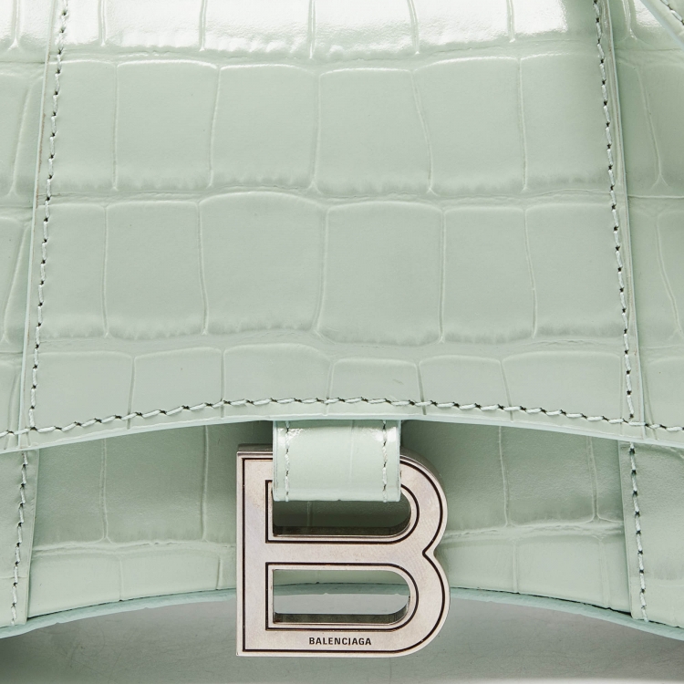 Pre Owned Balenciaga Green Croc Embossed Leather XS Hourglass Top Handle Bag