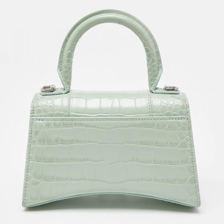 Pre Owned Balenciaga Green Croc Embossed Leather XS Hourglass Top Handle Bag