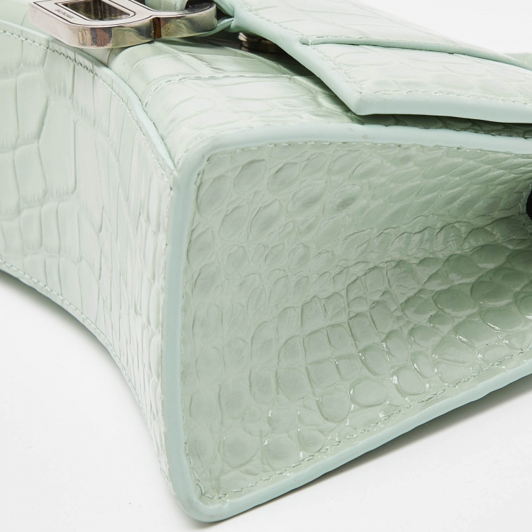 Pre Owned Balenciaga Green Croc Embossed Leather XS Hourglass Top Handle Bag