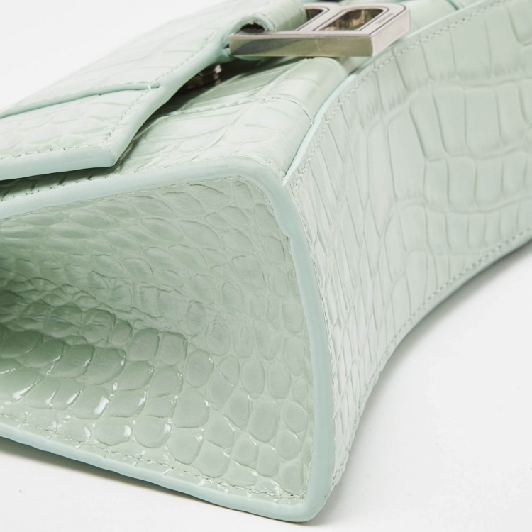 Pre Owned Balenciaga Green Croc Embossed Leather XS Hourglass Top Handle Bag