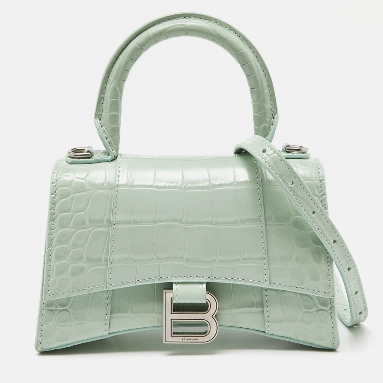 Pre Owned Balenciaga Green Croc Embossed Leather XS Hourglass Top Handle Bag