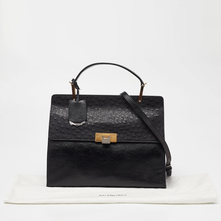 Pre Owned Balenciaga Black Leather and Ostrich Le Dix Cartable Top Handle Bag