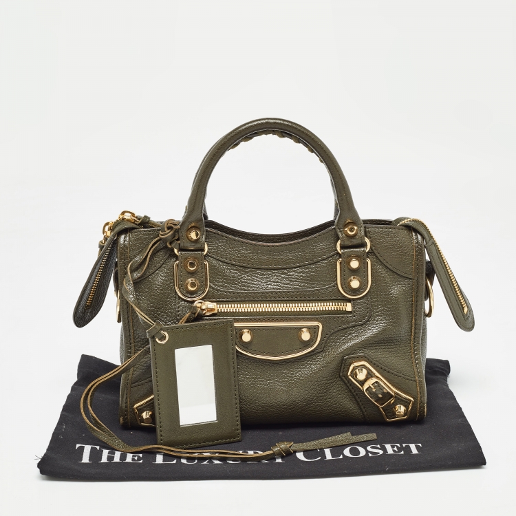 Pre Owned Balenciaga Olive Green Leather Mini Metallic Edge Classic City Bag