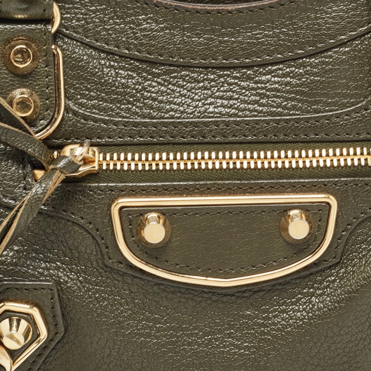Pre Owned Balenciaga Olive Green Leather Mini Metallic Edge Classic City Bag
