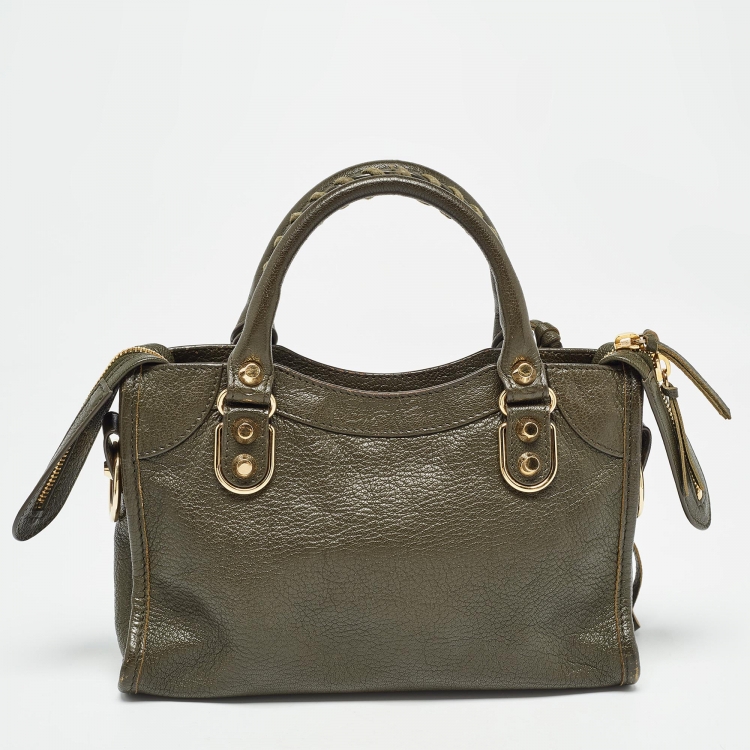 Pre Owned Balenciaga Olive Green Leather Mini Metallic Edge Classic City Bag