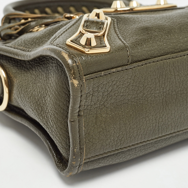 Pre Owned Balenciaga Olive Green Leather Mini Metallic Edge Classic City Bag